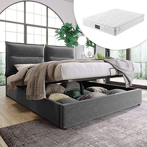 Generisk hydraulisk dubbelsäng 140 x 200 cm med justerbar sänggavel, 7-zonsmadrass, lagringsutrymme och metallram – elegant grå inkl. vändmadrass
