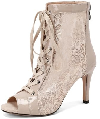 YCALCP Bottines de Danse Latine Femme Lacets en Mesh Bout Ouvert Chaussures de Danse de Salon Talons Hauts,7CM,Beige,41EU