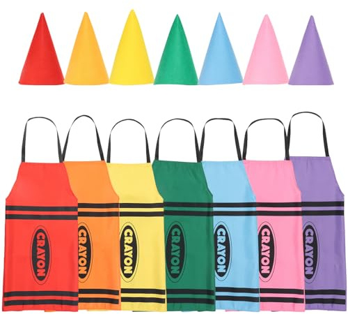 CBWERBB 7Pcs Crayon Apron Costume Set,7 Colors Fancy Crayon Apron and Funny Gnome Cone Hat Group Crayons Outfit for Adults Family Men Women Dress Suit for School Group Cosplay Dress Up