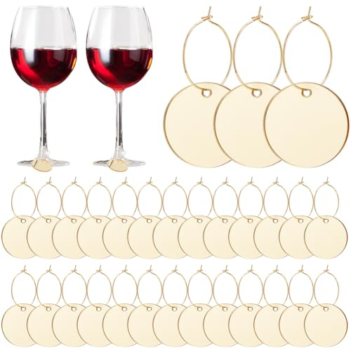 SUNNYCLUE 1 scatola Da 50 pezzi di Ciondoli per Vino Vuoti Ciondoli per Bicchieri Da Vino All'Ingrosso 50 pezzi di Anelli In Metlega Acrilico Plastica Oro Piatti Rotondi 30mm Fai Da Te Lettere con Nom