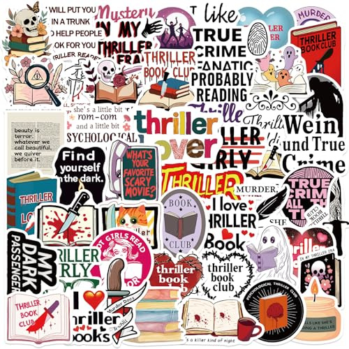 50 Pcs Thriller Book Stickers Laptop Car Scrapbook Phone Skateboard Suitcase Luggage Bike Spooky Bookish Vinyl Waterproof Aesthetic Personalised Stickers for Adults