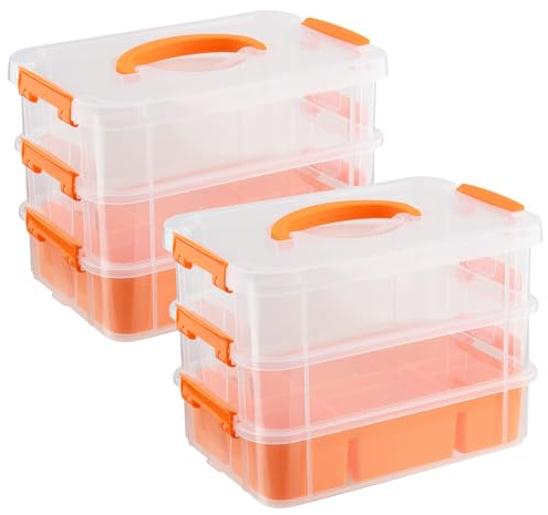 HONYUET Uppsättning av 2 3 våningar förvaringslåda, 26,7 x 17,5 x 19 cm transparent orange PP-plast med lock och handtag, arrangör pysselmaterial sytråd förvaring för pysselväska pyssellåda