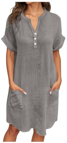 Générique Robe Lin Coton Femme Ete Chic Elegant Tunique Robe Manches Courtes Ample Casuel Couleur Unie Robes avec Boutons Col V Robes De Plage Grandes Tailles Dress pour FêTe Vacances S-4XL