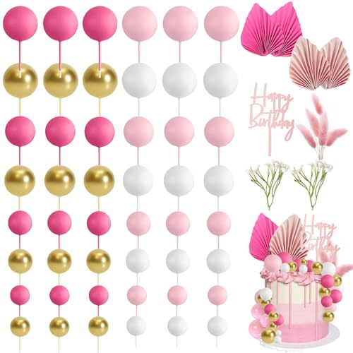 Lot de 60 boules de décoration de gâteau - Rose - Décoration de gâteau d'anniversaire Happy Birthday - Décoration de gâteau de mariage - Feuilles de palmier - Décoration de gâteau pour anniversaire