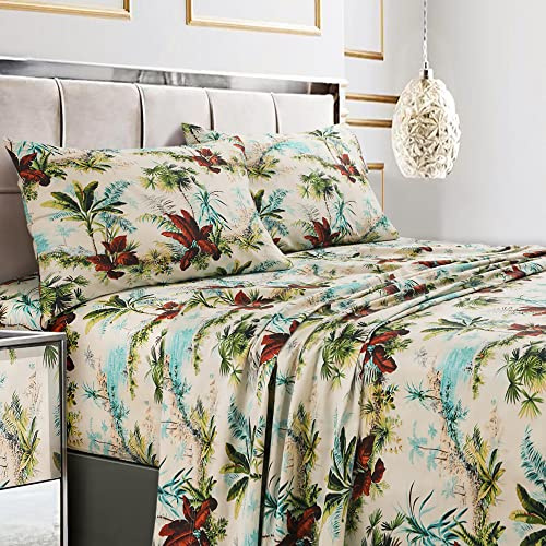 Tribeca Living Queen Bed Sheet Set, 300 Thread Count Soft Cotton Sateen, Floral Print with Extra Deep Pockets, 4-Piece Bedding Set, Paradise Island Multicolor
