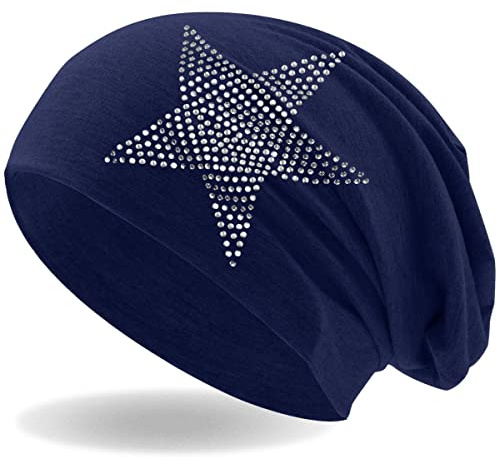 Hatstar Strass Stern Damen Beanie Mütze | elastisches Slouch Long Beanie | Mädchen Mütze | mit edler Strass Applikation | leicht und weich