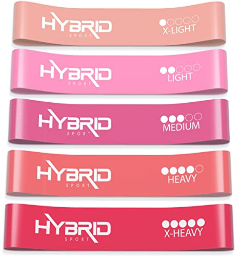 HYBRID Resistance Bands [Set of 5] PREMIUM Skin Friendly | 5 Strength Levels Loop Exercise Bands for Pilates, Training, Physio Therapy, Stretching, Home Gym | FREE Guide and Bag for Men and Women