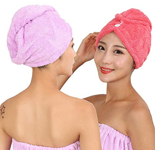 Abcsea 2 Stücke turban Haartrockner Handtuch mit knopf, Mikrofaser Kopfhandtuch, schnell trocknendes Haartuch, trockenhaube für Haare, trockenhaube für Haare, Turban Haartrockentuch, lila und rot