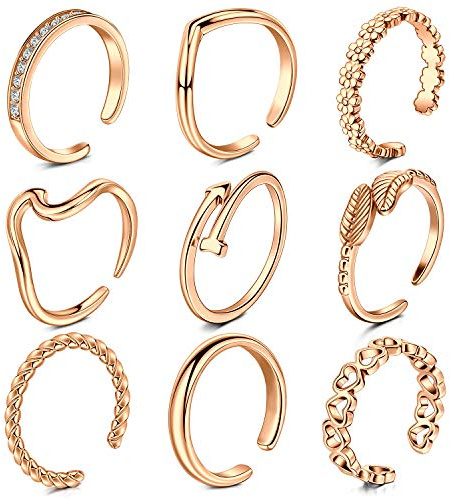 Rajnard Bague d'Orteil Anneaux de Orteil Jointure Bague de Doigts Acier Chirurgical Bande Réglable Fleur Coeur Feuille Flèche Conception pour Femmes Filles 9 pièces Or Rose