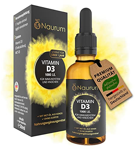 NAURUM® Vitamin D3-50ml (1700 Tropfen) - Höchste Erlaubte Tagesdosis - 1000 I.E - In MCT-Öl aus Kokos - flüssig, laborgeprüft, in Deutschland produziert