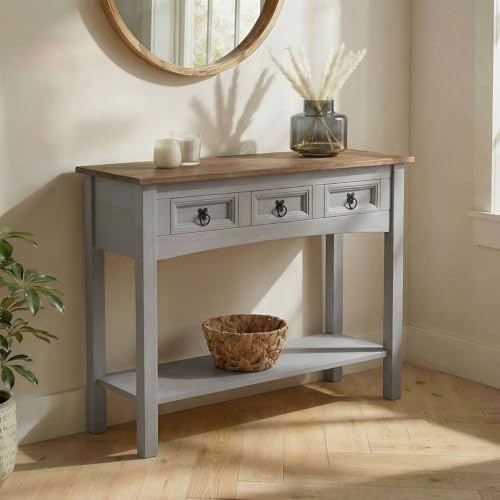 IDIMEX Console Ramon Meuble avec 3 Tiroirs et 1 Étagère, Table Console d'Entrée en Pin Massif, Poignée en Métal, en pin Massif Gris et Brun