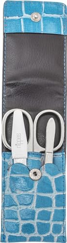 nippes Solingen Maniküre Set Blau, 3-tlg., Rindsleder-Etui, Made in Germany | Kroko-Prägung, Nagelschere, doppelseitige Nagelfeile, Pinzette, vernickelt, ideal für unterwegs