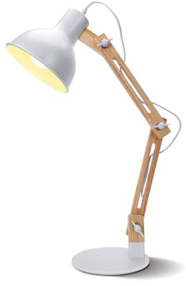 Aigostar Schreibtischlampe Retro mit Verstellbarem Arm, Tischleuchte im Klassichen Holz-Design, E27 Fassung, Vintage Nachttischlampe für Schlafzimmer, Wohnzimmer - Weiß