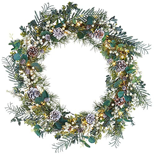 WeRChristmas Pre-Lit Decorated Eucalyptus Wreath, 50 Warm White LED Lights