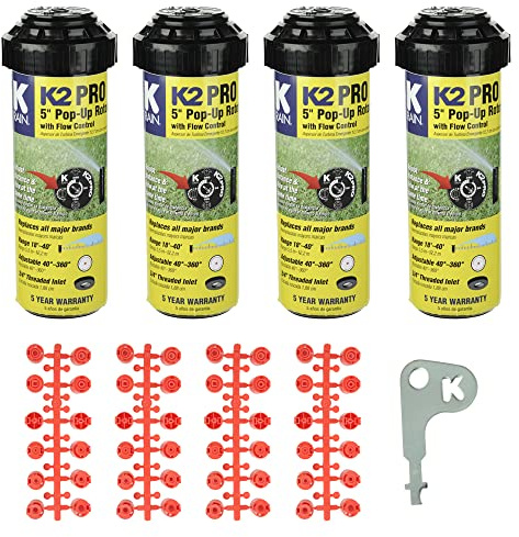 K Rain K2 Pro 3/4 Gear Drive Rotor 5 Pop-Up| 18' - 40' Spray Distance, 40° - 360° Arc Spray Pattern with Full-Circle Gear Driven Rotor | Includes Install Kit (4 Pack)