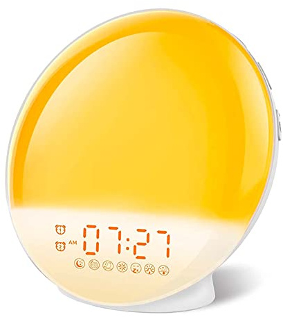 HLCUI Despertador Luz,Despertador Luz Amanecer Simulación de Amanecer y Atardece,Wake Up Light LED,2 Alarmas, 20 Niveles Brillo,7 Luces de Colores 7 Sonidos Naturales,Función Snooze, Radio FM(Color:A)