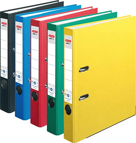HERLITZ Ordner maX.file nature+ A4 5-8cm | Kraftpapierbezug selbstklebendes Rückenschild | 5er Sparpack in diversen Farben zur Auswahl (schmal 5cm, sortiert, 5er Pack)