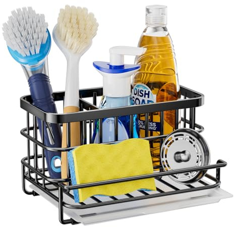 HapiRm Kitchen Sink Organiser Black - 4 in 1 Sponge Holder with Drip Tray | Stainless Steel Kitchen Sink Caddy, Sink Tidy for Dish Brush, Space Saving Sponge Holder for Kitchen Sink for Countertop