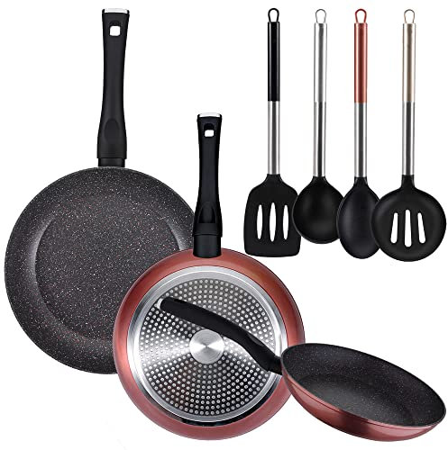 PACK DE 3 SARTENES Ø20/24 y 28 cms + SET DE 4PC DE UTENSILIOS DE COCINA