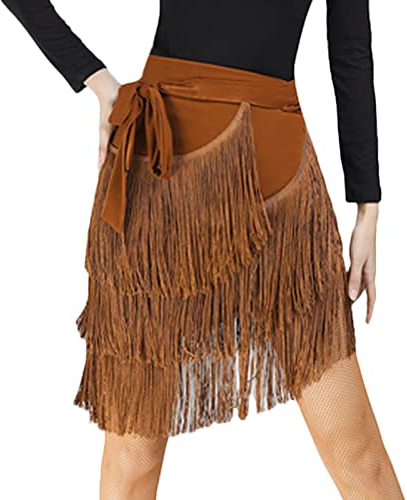 FEOYA Tanzröcke für Damen Gesellschaftstanz Röcke Fransen Beinschlitz Tanzkleid Schnürrock Quastenrock Tanzpraxis Performance Hüfttuch für Latin Tango Salsa Braun Einheitsgröße