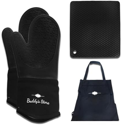 Buddy's Store Ofenhandschuhe, extra lang, mit Silikon-Topfhalter und Grillschürze, bis 260°C hitzebeständige Handschuhe, Rutschfester Topflappen und Kochschürze für sicheres Kochen und Grillen
