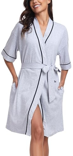 COLORFULLEAF Accappatoio da Donna 100% Cotone, Vestaglia Leggera Corta per Sauna, Kimono Morbido, Intimo da Notte a Manica Corta per Donne, grigio., M