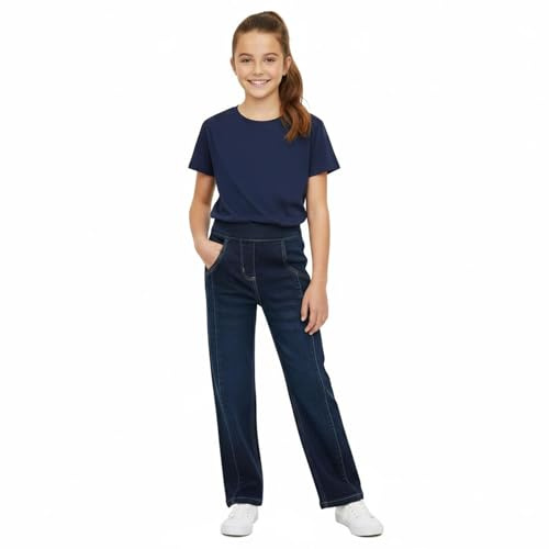 A2Z 4 Kids Girls Relaxed Straight Fit Boot Cut Dark Blue Jeans Baggy Wide Leg Elastic Waist Bootcut Stretch Denim - Jeans JN40 Dark Blue._5-6