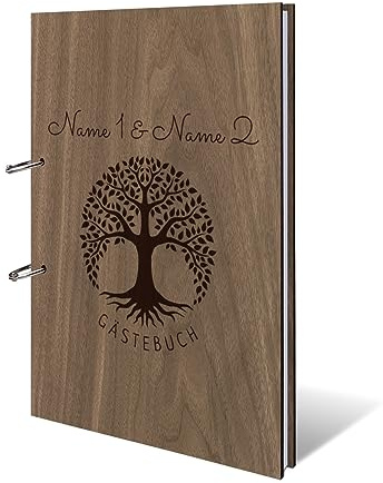Personalisiertes Hochzeit Gästebuch echtes Holz DIN A4 Hochzeitsbuch mit Lasergravur - Lebensbaum - mit 72 Blatt / 144 Seiten Naturpapier Weiß