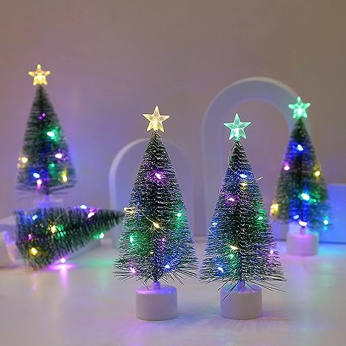 Altsuceser Lot de 3 mini sapins de Noël artificiels avec guirlande lumineuse à DEL, sapins miniatures lumineux en sisal avec bases pour la maison, les vacances, les fêtes, la décoration de table