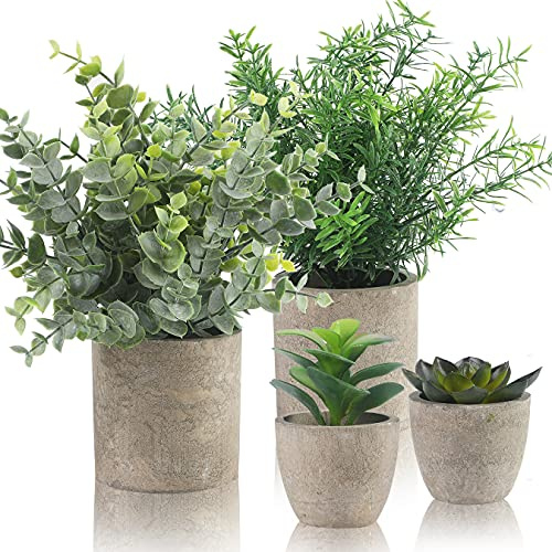ARIATI Set of 4 Decorative Faux Plants with Pots - Mini Artificial Succulents, Eucalyptus, and Rosemary in Plastic Pots for Indoor Use - Perfect for Office Desk and Bedroom Decor