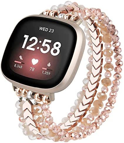 VISOOM Perlenarmband Kompatibel mit Fitbit Versa 4/Sense 2/Versa 3 Armband Damen, Glitzer Mode Elegant Beaded Boho Schmuckarmband Für Fitbit Sense, Roségold