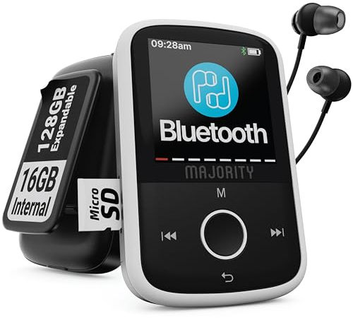 MP3 Player Bluetooth | MP3 Player Kinder 16 GB interner Speicher, erweiterbar 128 GB | Mp 3-Player mit Laufclip | USB-C | Music Player 34 Stunden Akkulaufzeit | Musikplayer | MAJORITY MP3-GO