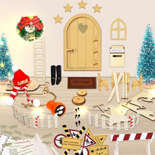 Wichteltür Set, Miniatur Wichteltür Zubehör, Wichteltür Komplettset mit Lichterkette, Weihnachtswichtel Tür Set, Elfentür Wichteltür Feentür, Wichtel Zubehör Baustelle Weihnachtsdekoration