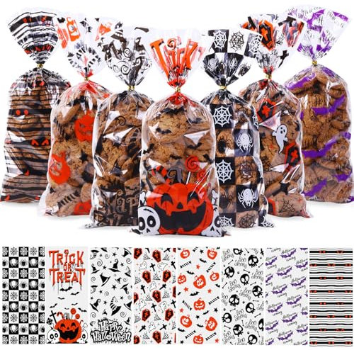 120 Sück Halloween Süßigkeitentüten, Halloween Bonbon Cellophantüten Zellophantüten für Süßigkeiten mit Twist Krawatten Plätzchen Kürbis Hexenhut Geist Tüten für halloween Geschenk Deko Party