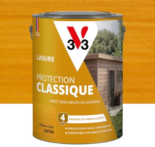 V33 Lasure Bois extérieur Chêne clair - Protection Classique 4 ans - Protège du grisaillement - Direct bois neufs ou anciens - Texture anti-goutte - 5L