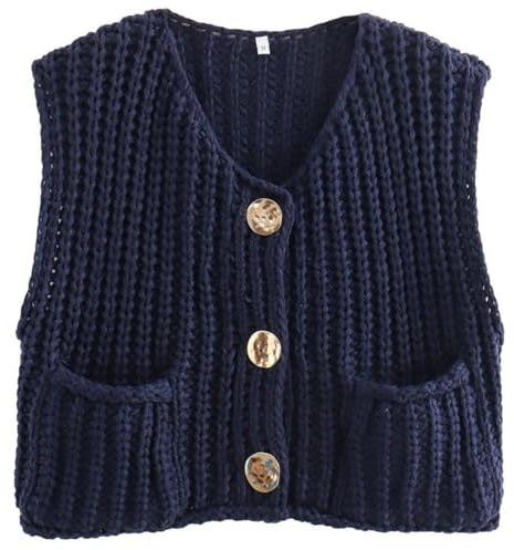OLIPHEE Pull sans Manche Femme Pull Court Col V Gilet Femme Gilet Tricoté Veste Couleur Unie Sweater Casual Basique Élégant Cardigan Tricoté Printemps Automne Bleu Marine M