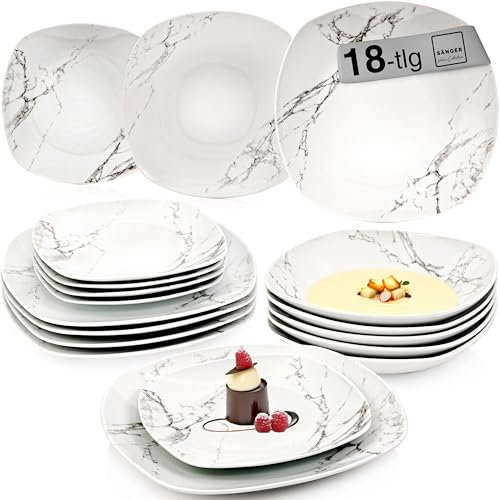 SÄNGER Vajilla Bilgola de mármol blanco, juego de 18 piezas para 6 personas con platos de sopa y postre y platos llanos de porcelana, juego de platos, vajilla rectangular, colección premium