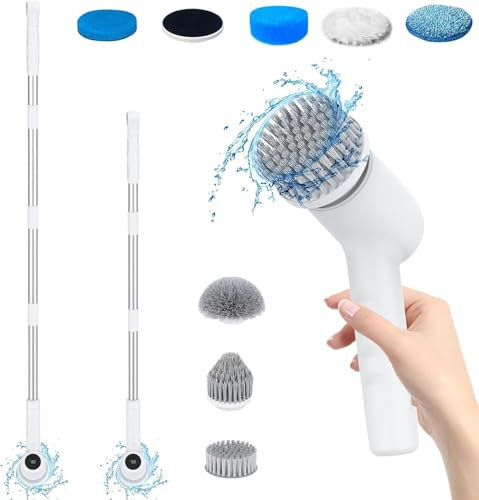 Electric Spin Scrubber, Cordless Cleaning Brush with 8 Replaceable Brush Heads, Power Scrubber 2 Speed with Adjustable & Detachable Handle for Bathroom Kitchen Shower Floor Car Tub Tile
