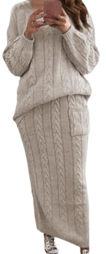 Conjunto de 2 Piezas de Falda Tubo Larga de Punto Trenzado Grueso para Mujer, suéter de Cuello Redondo, Falda Tubo Larga (Beige,S)
