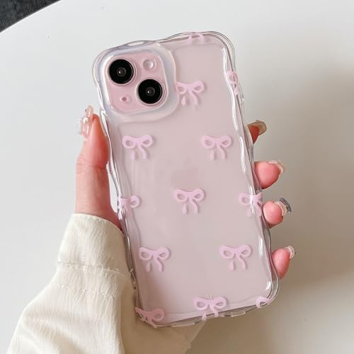 EYZUTAK Handyhülle für iPhone 13, Gewellte Rand Design Weiche Transparente Stoßfeste Handy Schutzhülle mit Nette und Klare Schleife Druck, Ganzkörperschutz Anti Vergilbung TPU Hülle - Rosa