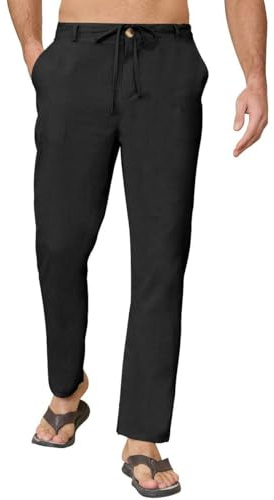 Yutdeng Pantalones Largos Verano Hombre Pantalón Lino Ligeros Casual Pantalon Verano Hombre Largo con Bolsillos Yoga Playa Algodon y Lino Pantalones Anchos Cintura Elástico con Cordón,Negro,M
