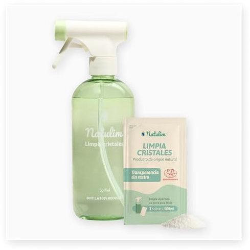 Natulim Pack Limpiacristales - Limpieza Profunda y Sin Rastro para Superficies Transparentes - Set de Pulverizador Recargable 500 ml + 2 Sobres de Recarga (1 Sobre = 500 ml).