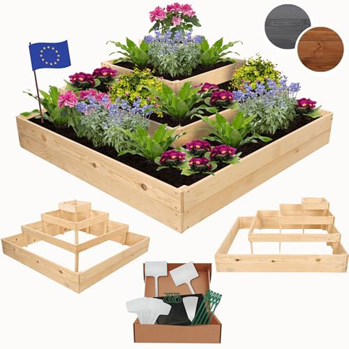 MODO24 Hochbeet Holz, Blumenkasten, Gartenbeet, 45x119x119cm, Natur | Robustes Kräuterbeet & Pflanzbeet aus Kiefernholz, Stufenförmiges Blumenbeet & Gartenbeet für Garten, Balkon & Terrasse