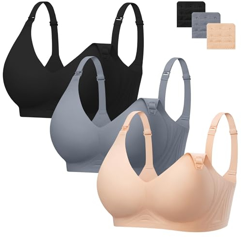 Angelhood 3 Pack Nursing Bras for Breastfeeding Seamless Pregnancy Maternity Bra Wireless Sleep Bralette with Extenders, Black/Beige/Blue, M