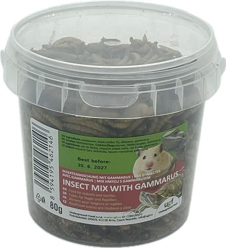 UGF - Insektenmischung mit Gammarus - 80g im 500 Milliliter Eimer, Igelfutter, Rennmausfutter, Hamsterfutter, Rattenfutter, Eidechsenfutter - Mehlwürmer, Soldatenfliegenlarven, Seidenraupen, Gammarus