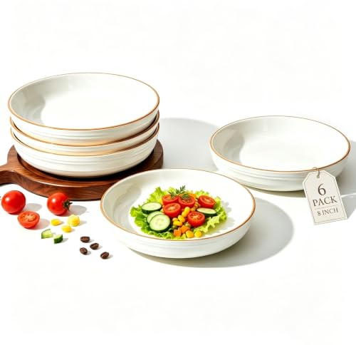 YBCCBY 6 Pack Ceramic Pasta Bowls 8 Inch Shallow Plates for Dining | 8 Inch/21.3cm, Colored Rim, Elegant, Stackable, Microwave & Dishwasher Safe, For Dining & Special Occasions