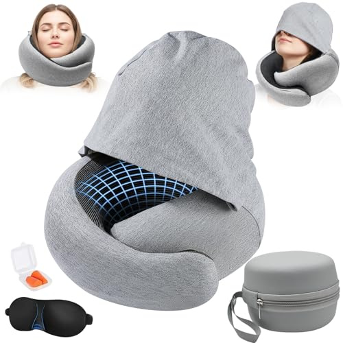 JNUYISW Oreiller de Voyage Avion, Réglable Oreiller de Voyage en Mousse à Mémoire de Forme à Capuche Ergonomique Coussin de Nuque avec Masque pour les Yeux, Bouchons d'oreille, Sac pour Voiture Train