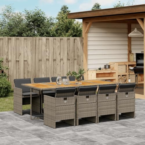 QJBSAVVA 9-teiliges Garten-Essgruppe: Akazientisch 220×106 cm, klappbare Poly-Rattan-Sessel dunkelgrau, waschbare Kissen