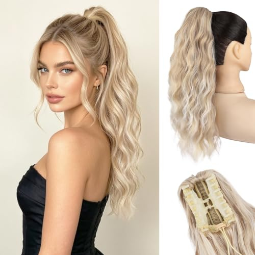 JIAMEISI Ponytail Extension, 45 cm Pferdeschwanz Haarteil, Synthetischer, gewellter, lockiger Krallenclip Pferdeschwanz Haarverlängerung für Damen (Blond zu hellem Blond)