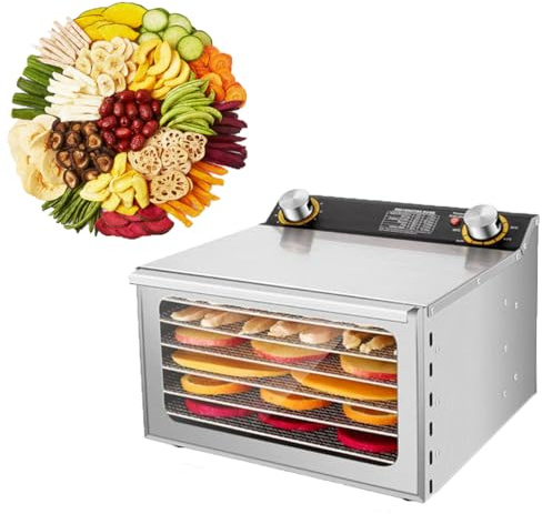 GXLBDK Livsmedelsfuktare i rostfritt stål, brickor, 35–90 °C temperaturregulator, 24 timmars timerfunktion, frukttorkare, kött, 6lager
